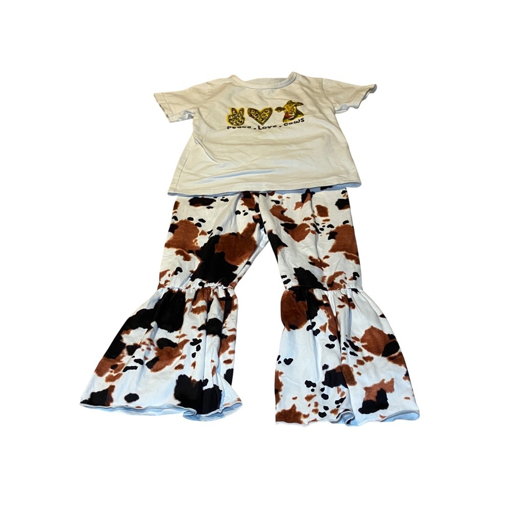Kids Girls Size 4T Cow Print Bell Bottom Outfit Peace Love Cows T Shirt Set
